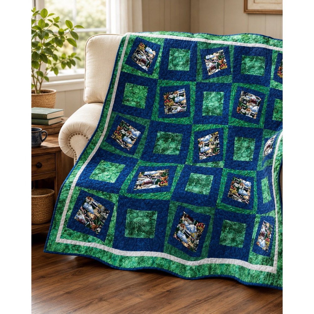 Handmade Pacific Northwest Seattle Quilted Throw Blanket Blue Green Patchwork